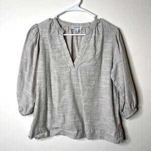 Calligraphie Linen Cotton Blouse Top Women's Small Beige V Neck Split 3/4 Sleeve